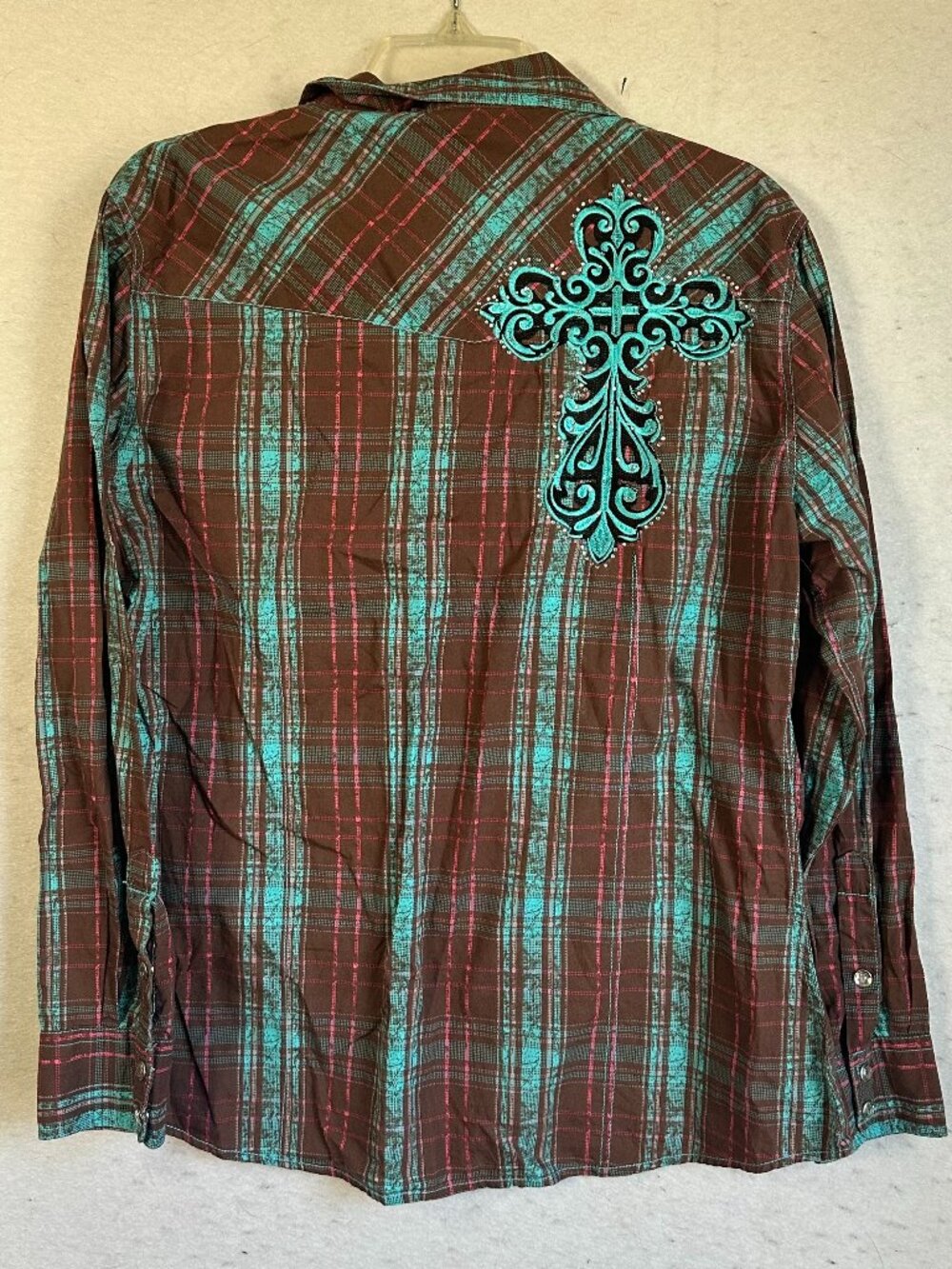 Cowgirl Hardware Womens L Western Snap Shirt Brown blue plaid Cross Embroidered